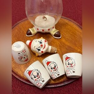 Antique 1950’s NAPCO Clown Decanter Set with 4 Cups made in Japan glass ceramic